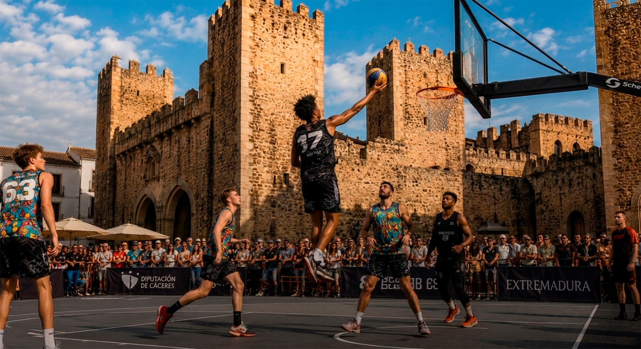 Partido de baloncesto 3x3 en la plaza del castillo de Cáceres con público
